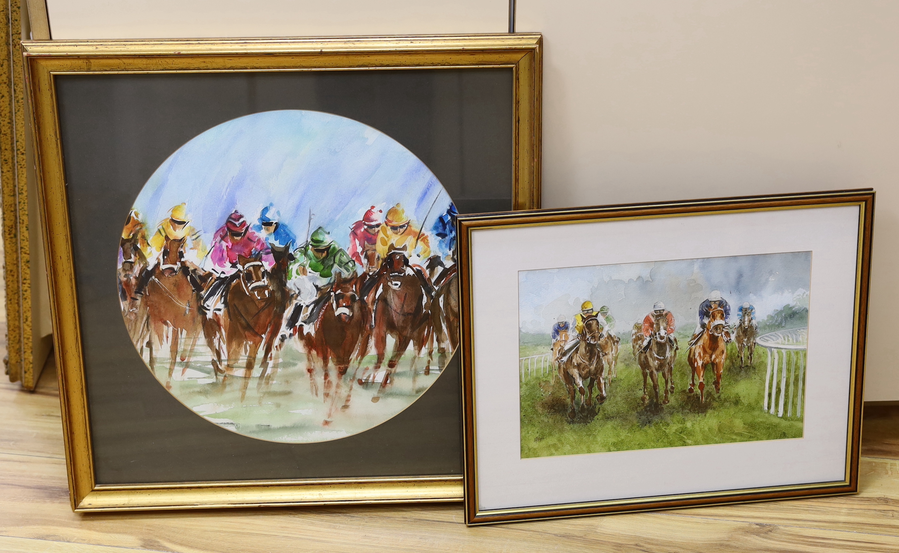 Horse racing interest, two watercolours, Jockeys on horseback, one indistinctly signed, possibly K J West, largest 40 x 40cm